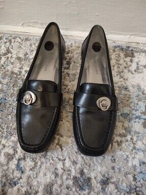 Etienne Aigner Black Leather Loafers with Silver Emblem
